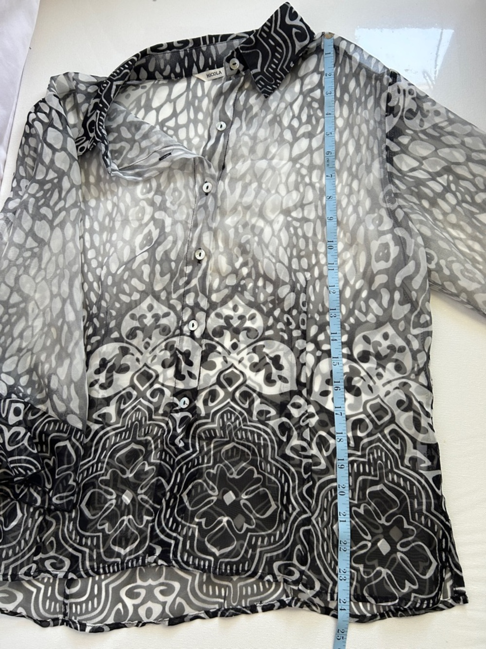NICOLA Black & White Printed Button-Up All Sheer Blouse - Picture 10 of 11